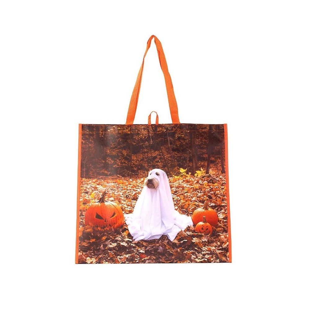 Halloween Ghost Dog Schnauzer Reusable Tote Bag Orange Pumpkin Shopping Bag